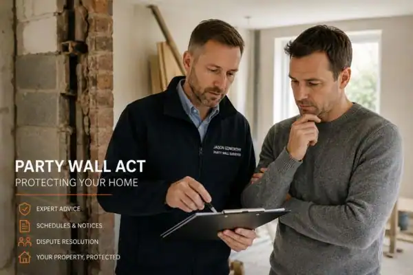 Party wall surveyor Addlestone discussing extension plans with homeowner outside a UK semi-detached house.